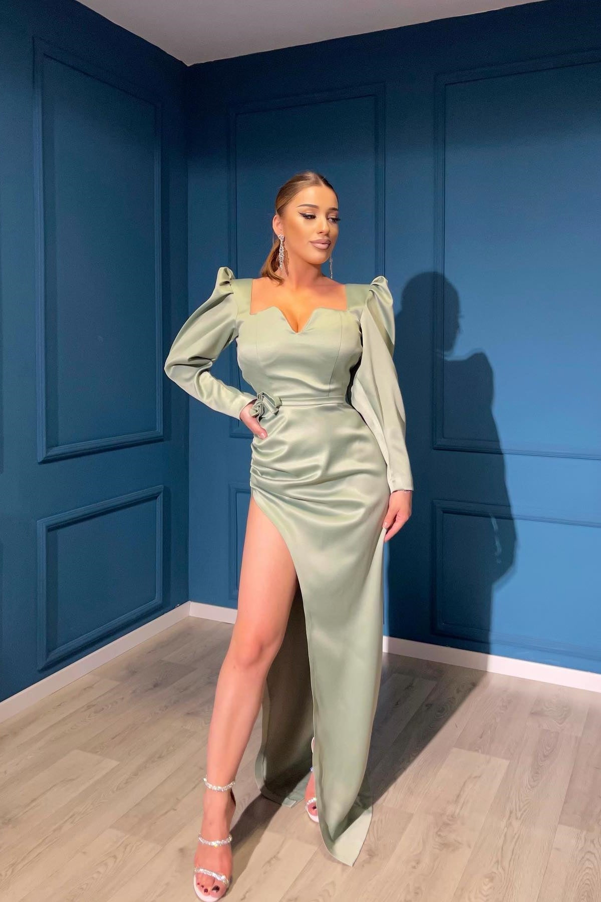 Elegant Dusty Sage Long Sleeves Evening Dress On Sale-BallBride
