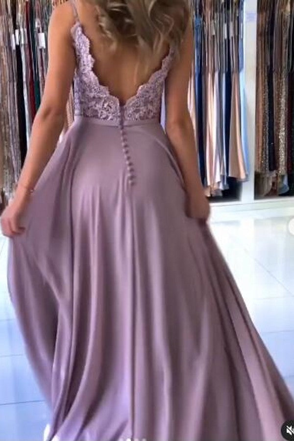 Elegant Evening Dress with Lace Appliques - Spaghetti-Straps Long Split Design-BallBride