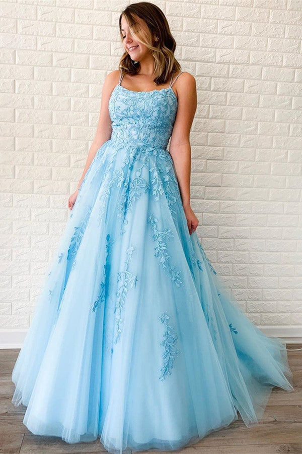 Elegant Evening Dress with Sky Blue Spaghetti-Straps Appliques-BallBride