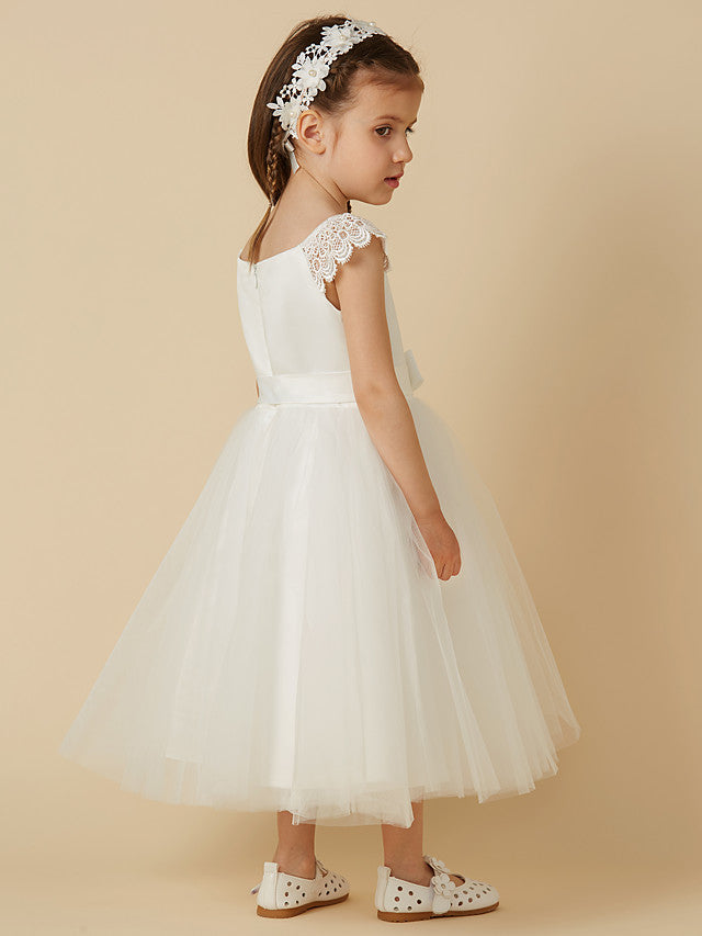 Elegant Flower Girl Dress - Short Sleeve Scoop Neck Lace Satin Tulle With Sash Ribbon Bow-BallBride