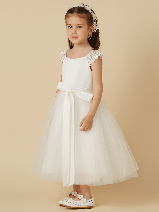 Elegant Flower Girl Dress - Short Sleeve Scoop Neck Lace Satin Tulle With Sash Ribbon Bow-BallBride