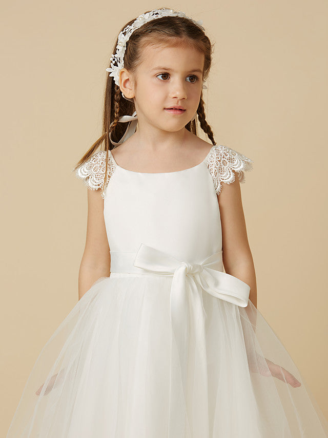 Elegant Flower Girl Dress - Short Sleeve Scoop Neck Lace Satin Tulle With Sash Ribbon Bow-BallBride