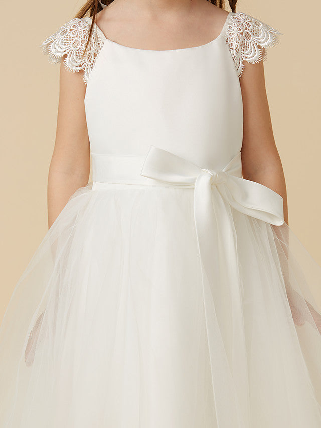 Elegant Flower Girl Dress - Short Sleeve Scoop Neck Lace Satin Tulle With Sash Ribbon Bow-BallBride