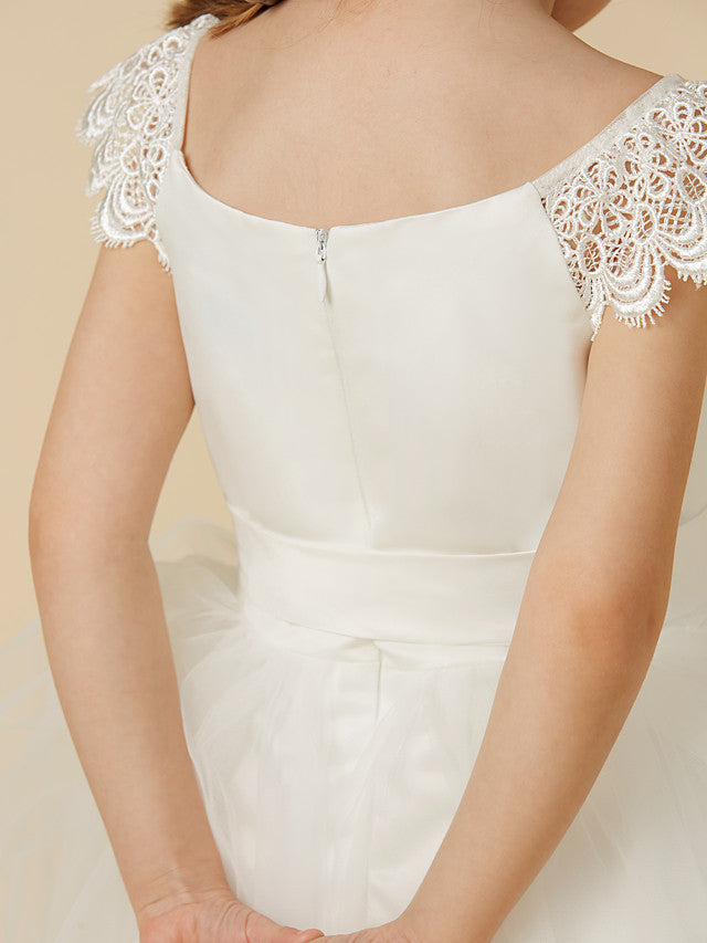 Elegant Flower Girl Dress - Short Sleeve Scoop Neck Lace Satin Tulle With Sash Ribbon Bow-BallBride