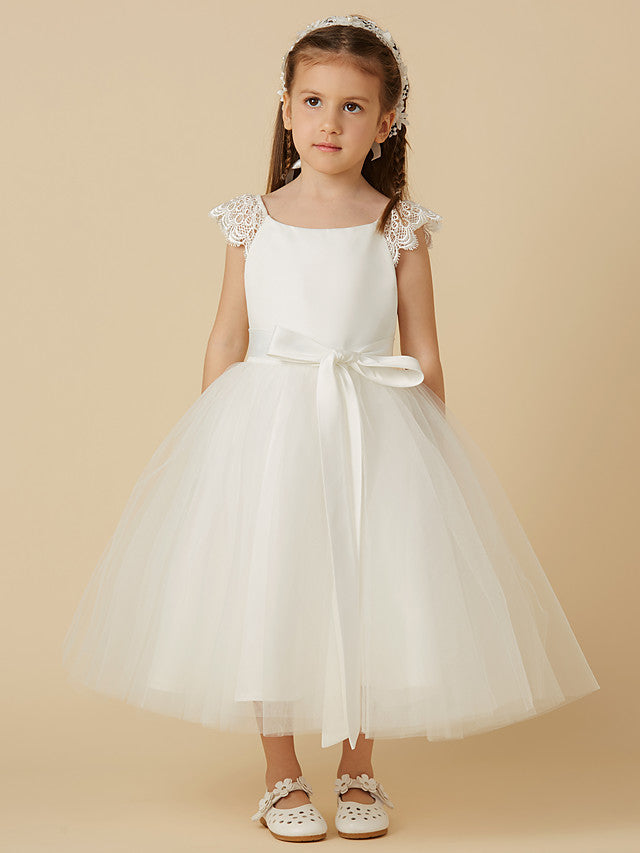 Elegant Flower Girl Dress - Short Sleeve Scoop Neck Lace Satin Tulle With Sash Ribbon Bow-BallBride