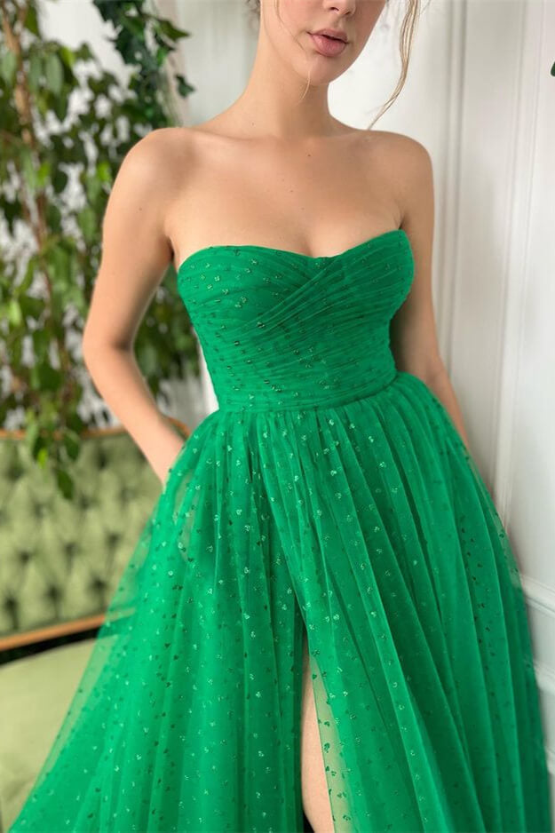 Elegant Green Sweetheart Split Prom Dress with Tulle Sleeves-BallBride