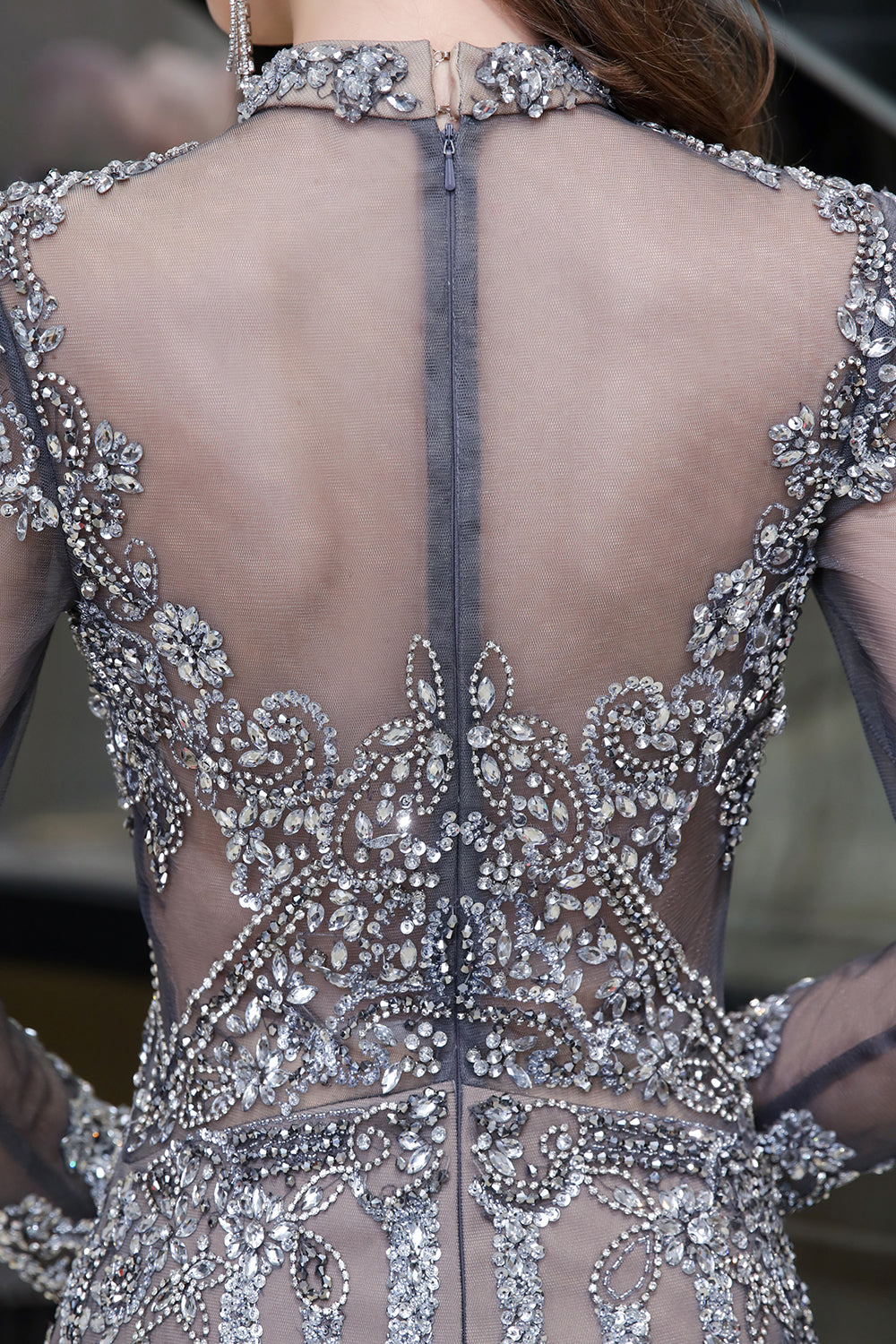 Elegant High Neck Evening Dress with Long Sleeves, Beadings & Rhinestones-BallBride