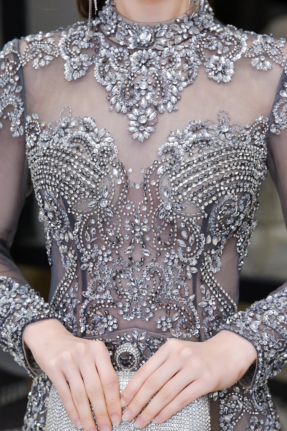 Elegant High Neck Evening Dress with Long Sleeves, Beadings & Rhinestones-BallBride