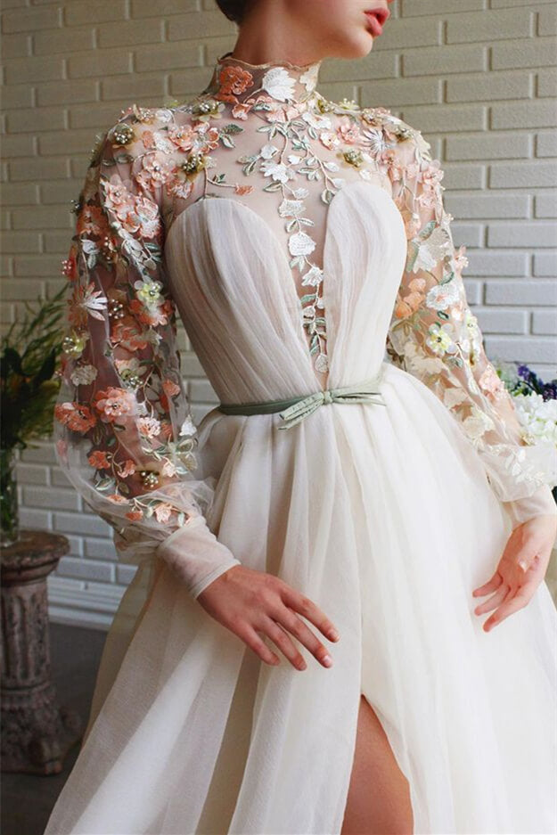 Elegant High Neck Long Sleeve Flower Evening Dress with Slit-BallBride