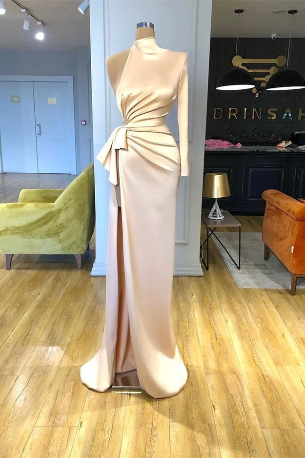 Elegant High Neck One Shoulder Long Sleeves Evening Dress Mermaid With Slit-BallBride