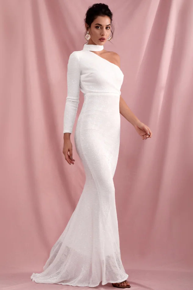 Elegant High-Neck Sequins Prom Dress Mermaid Long Sleeve Evening Gowns-BallBride