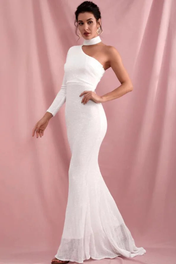 Elegant High-Neck Sequins Prom Dress Mermaid Long Sleeve Evening Gowns-BallBride