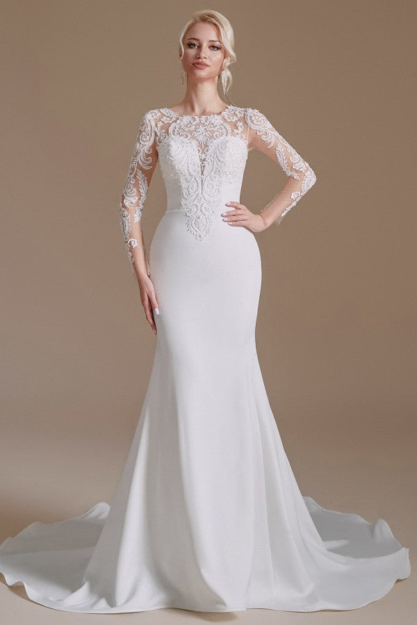 Elegant Jewel Satin Lace Long Mermaid Wedding Dress With Sleeves-BallBride