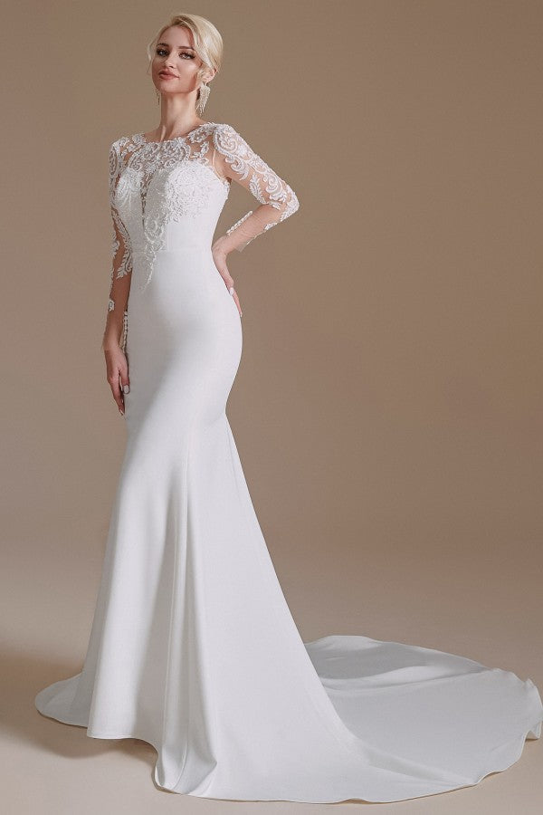 Elegant Jewel Satin Lace Long Mermaid Wedding Dress With Sleeves-BallBride