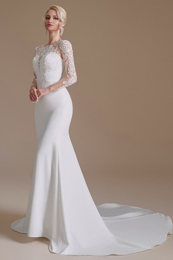 Elegant Jewel Satin Lace Long Mermaid Wedding Dress With Sleeves-BallBride