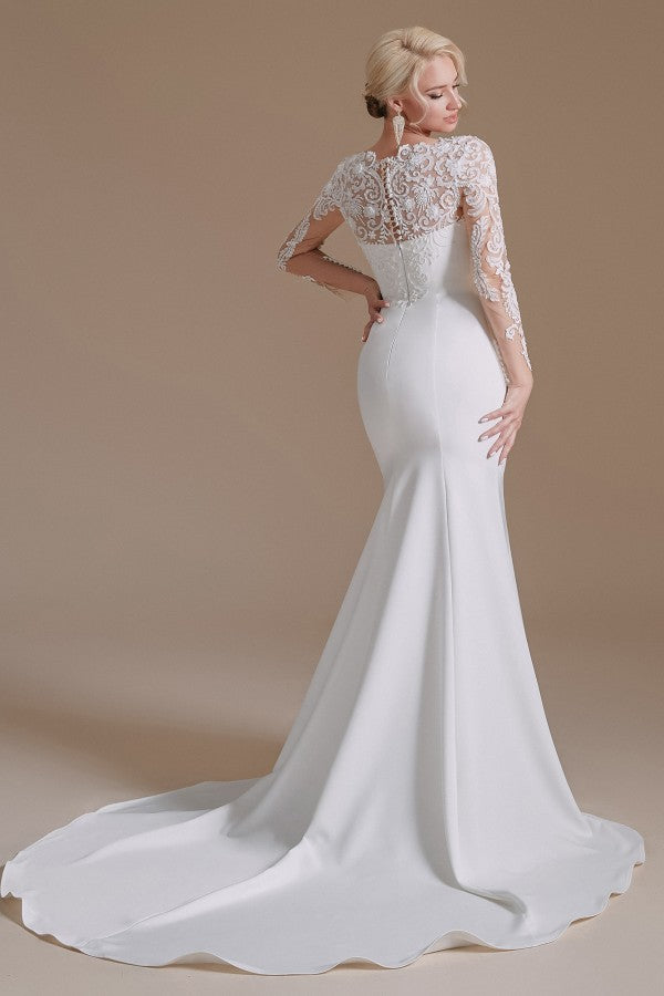 Elegant Jewel Satin Lace Long Mermaid Wedding Dress With Sleeves-BallBride