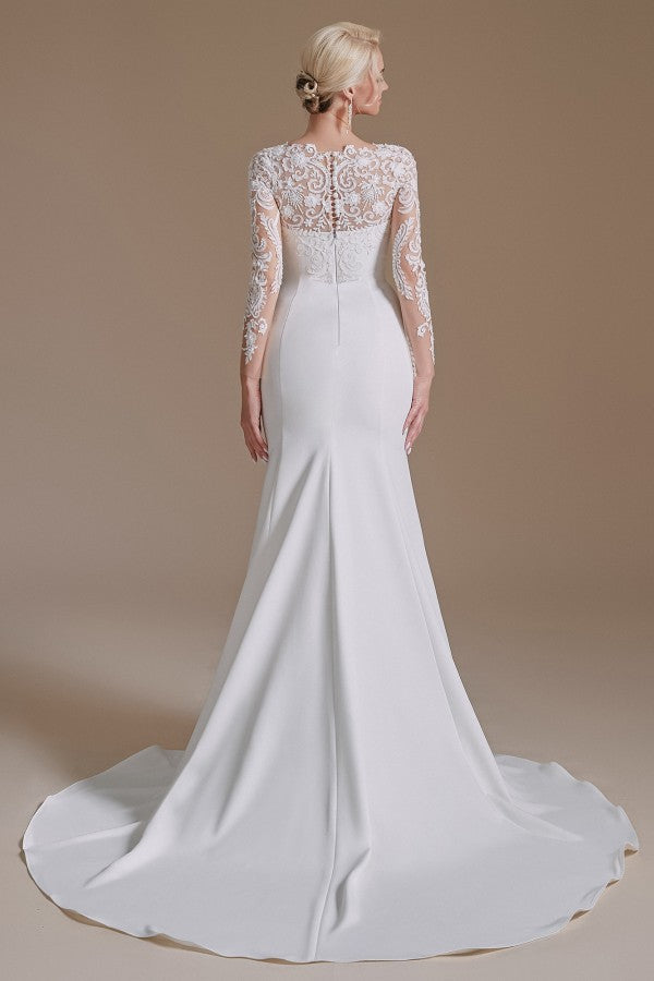 Elegant Jewel Satin Lace Long Mermaid Wedding Dress With Sleeves-BallBride