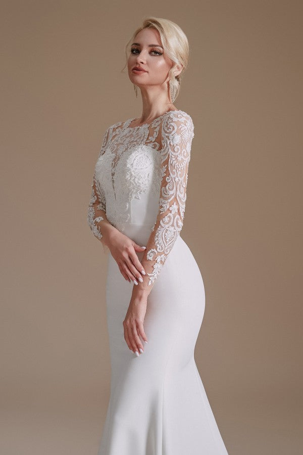 Elegant Jewel Satin Lace Long Mermaid Wedding Dress With Sleeves-BallBride