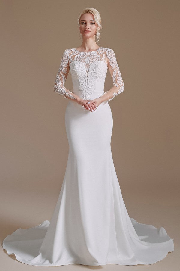 Elegant Jewel Satin Lace Long Mermaid Wedding Dress With Sleeves-BallBride