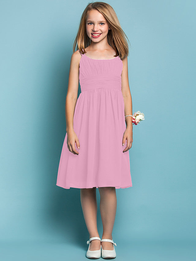 Elegant Knee-Length Chiffon Flower Girl Dress with Sheath Column Straps and Ruched Draping-BallBride