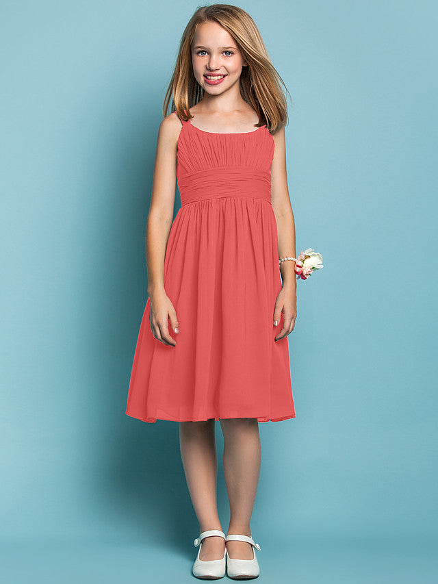Elegant Knee-Length Chiffon Flower Girl Dress with Sheath Column Straps and Ruched Draping-BallBride