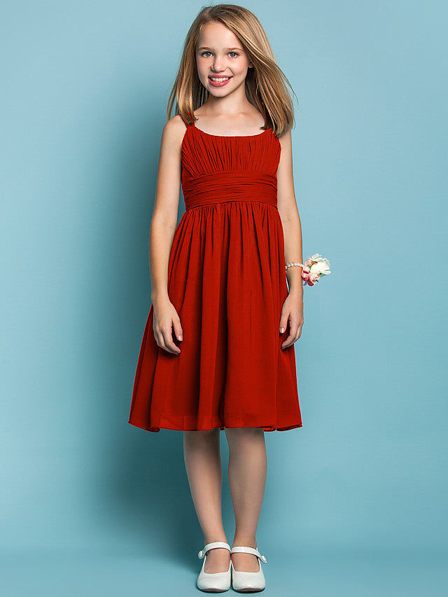Elegant Knee-Length Chiffon Flower Girl Dress with Sheath Column Straps and Ruched Draping-BallBride