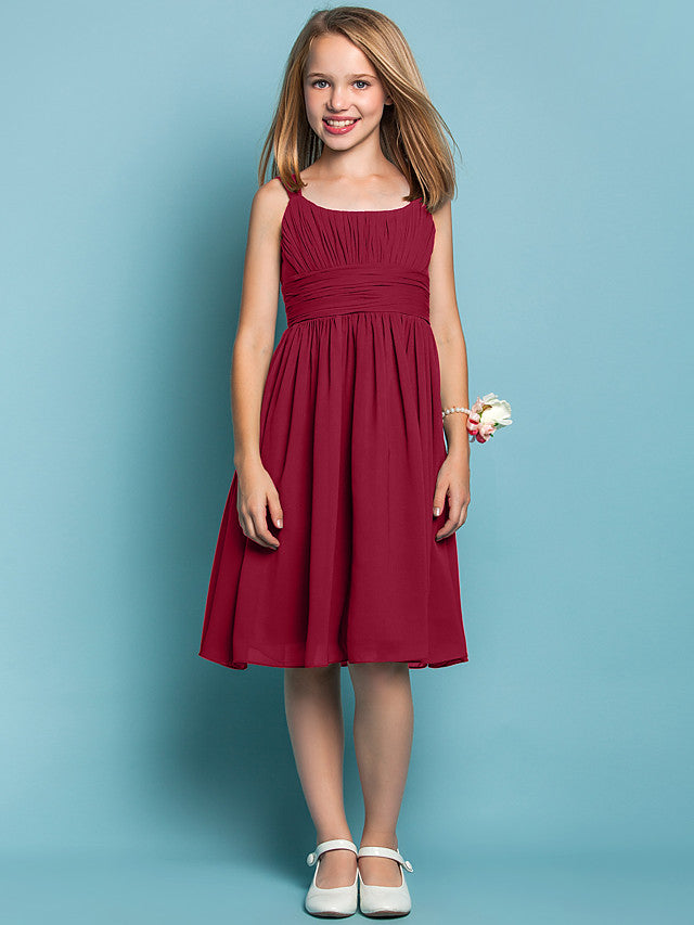 Elegant Knee-Length Chiffon Flower Girl Dress with Sheath Column Straps and Ruched Draping-BallBride