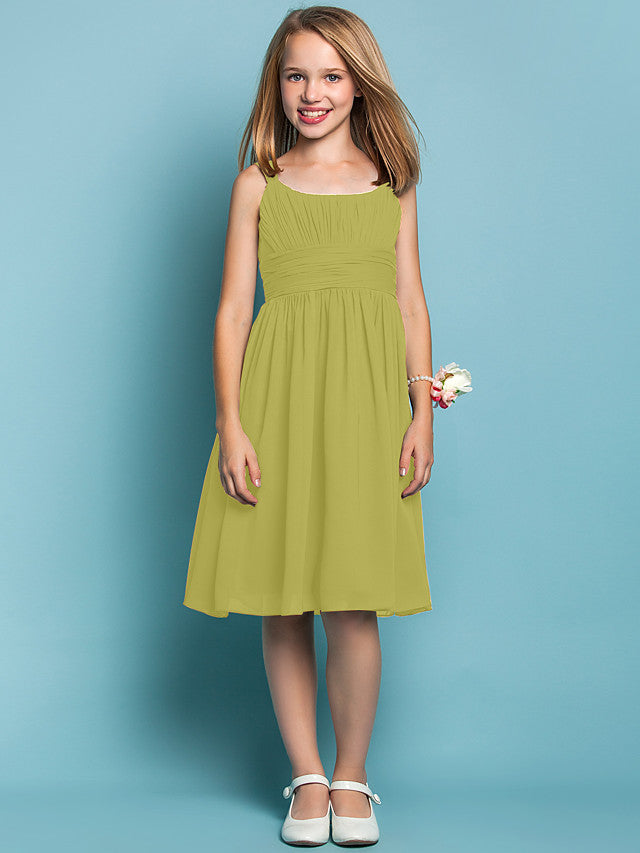 Elegant Knee-Length Chiffon Flower Girl Dress with Sheath Column Straps and Ruched Draping-BallBride