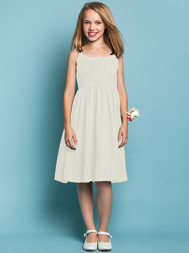Elegant Knee-Length Chiffon Flower Girl Dress with Sheath Column Straps and Ruched Draping-BallBride