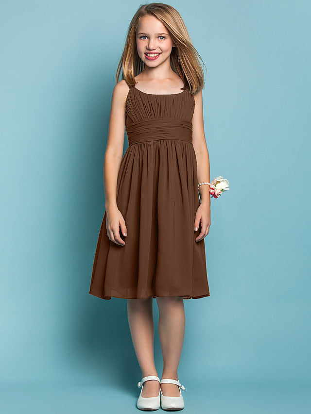 Elegant Knee-Length Chiffon Flower Girl Dress with Sheath Column Straps and Ruched Draping-BallBride