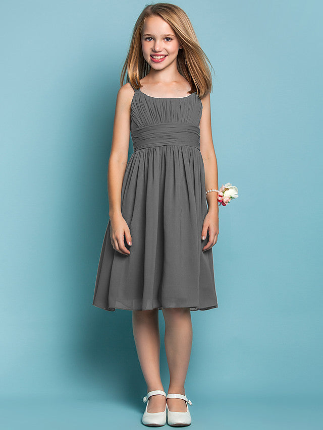 Elegant Knee-Length Chiffon Flower Girl Dress with Sheath Column Straps and Ruched Draping-BallBride