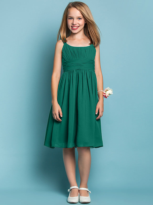 Elegant Knee-Length Chiffon Flower Girl Dress with Sheath Column Straps and Ruched Draping-BallBride