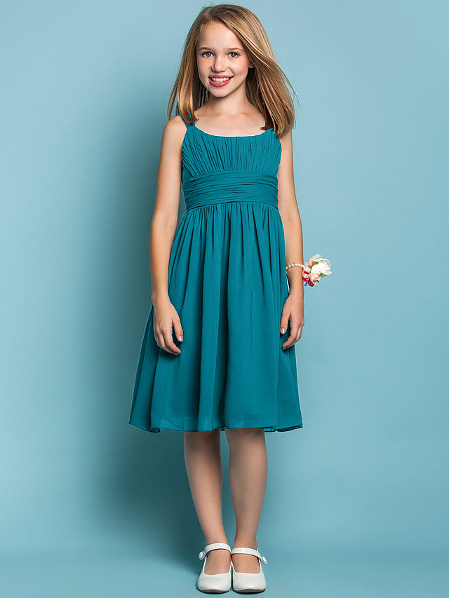 Elegant Knee-Length Chiffon Flower Girl Dress with Sheath Column Straps and Ruched Draping-BallBride
