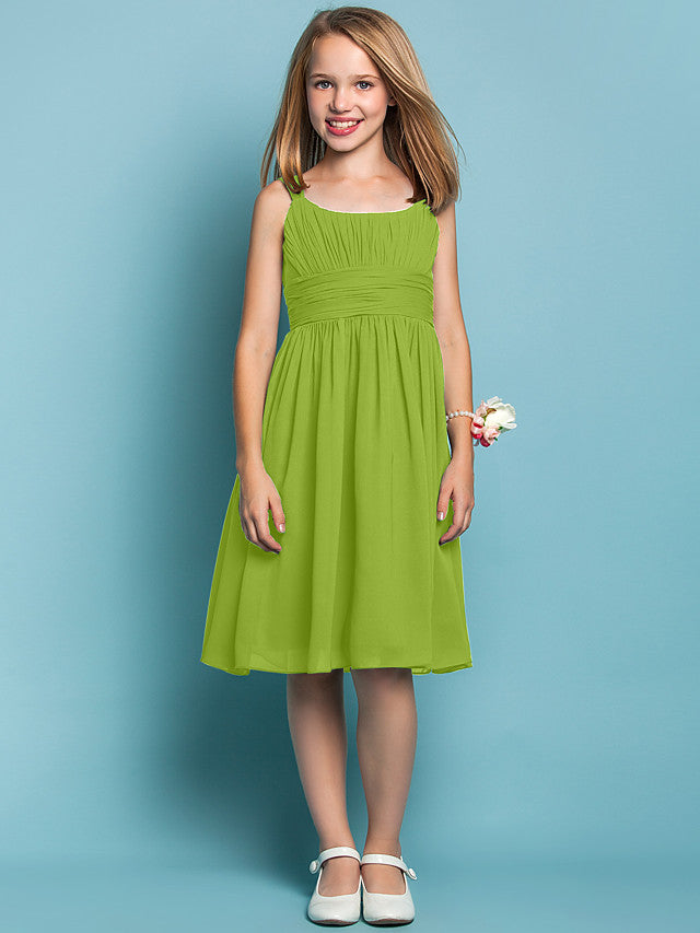 Elegant Knee-Length Chiffon Flower Girl Dress with Sheath Column Straps and Ruched Draping-BallBride