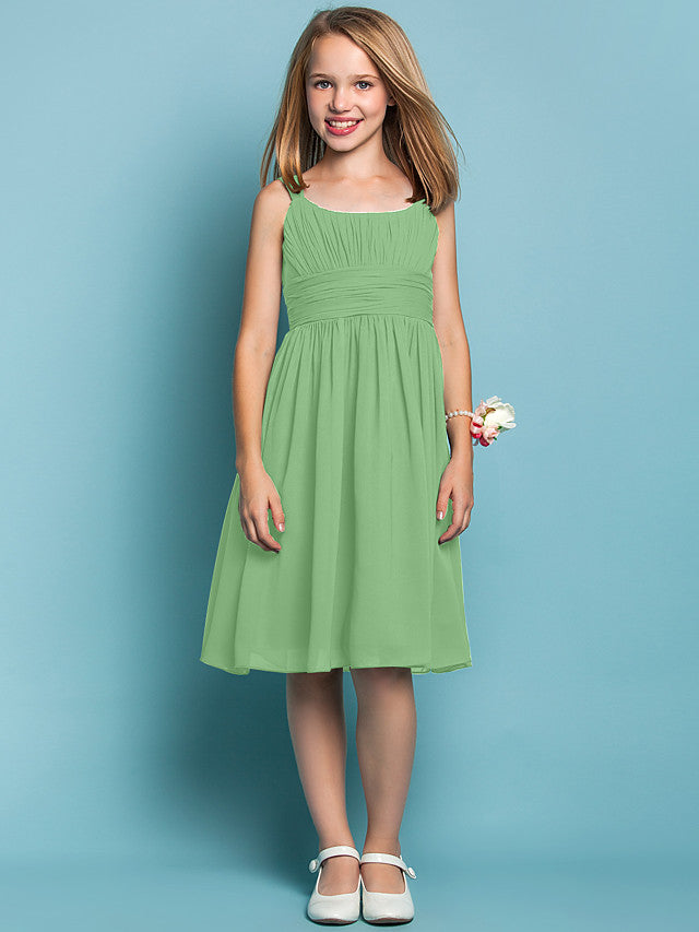Elegant Knee-Length Chiffon Flower Girl Dress with Sheath Column Straps and Ruched Draping-BallBride