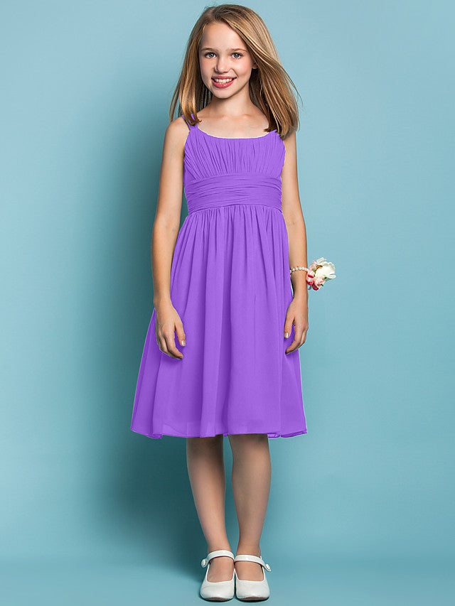 Elegant Knee-Length Chiffon Flower Girl Dress with Sheath Column Straps and Ruched Draping-BallBride
