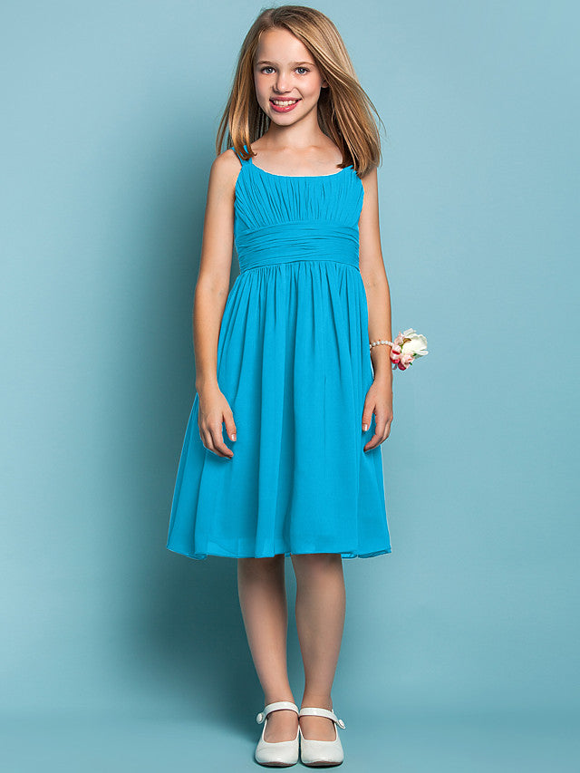 Elegant Knee-Length Chiffon Flower Girl Dress with Sheath Column Straps and Ruched Draping-BallBride