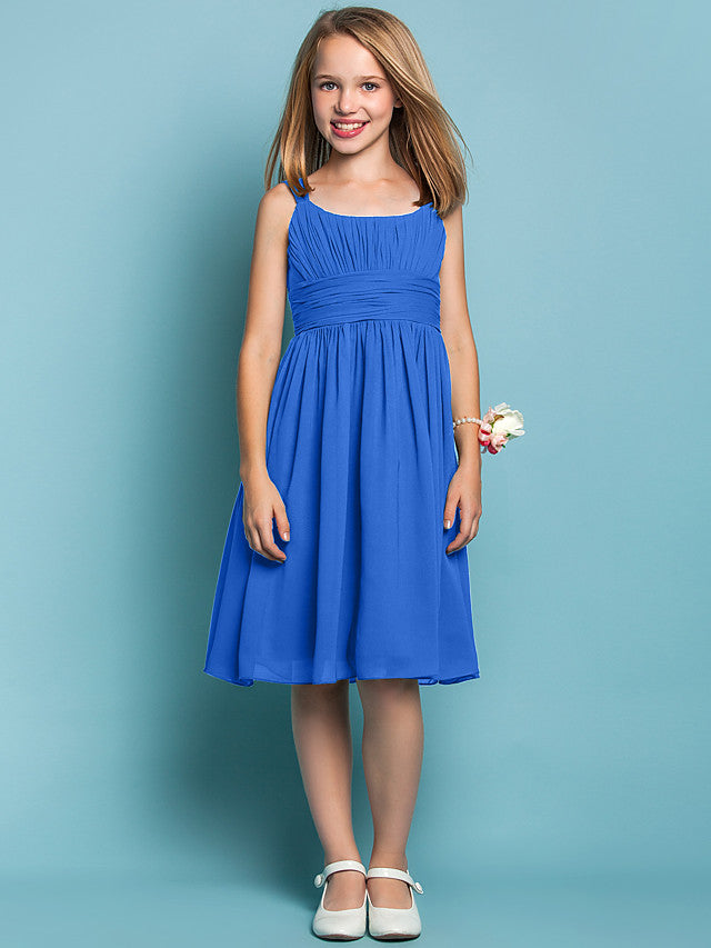 Elegant Knee-Length Chiffon Flower Girl Dress with Sheath Column Straps and Ruched Draping-BallBride