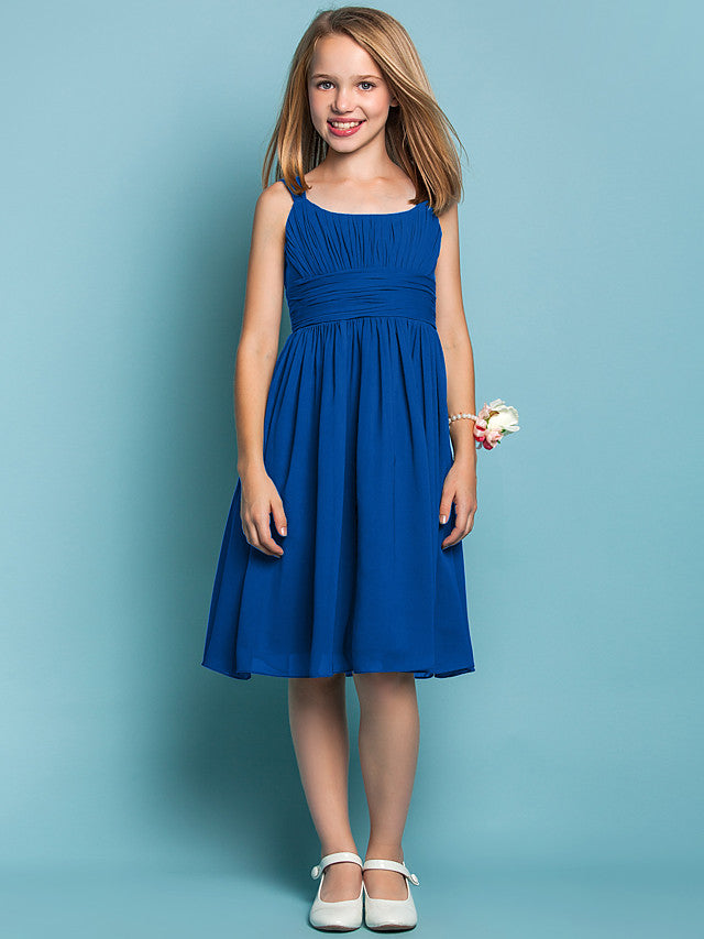 Elegant Knee-Length Chiffon Flower Girl Dress with Sheath Column Straps and Ruched Draping-BallBride