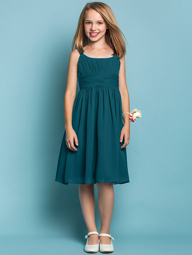Elegant Knee-Length Chiffon Flower Girl Dress with Sheath Column Straps and Ruched Draping-BallBride