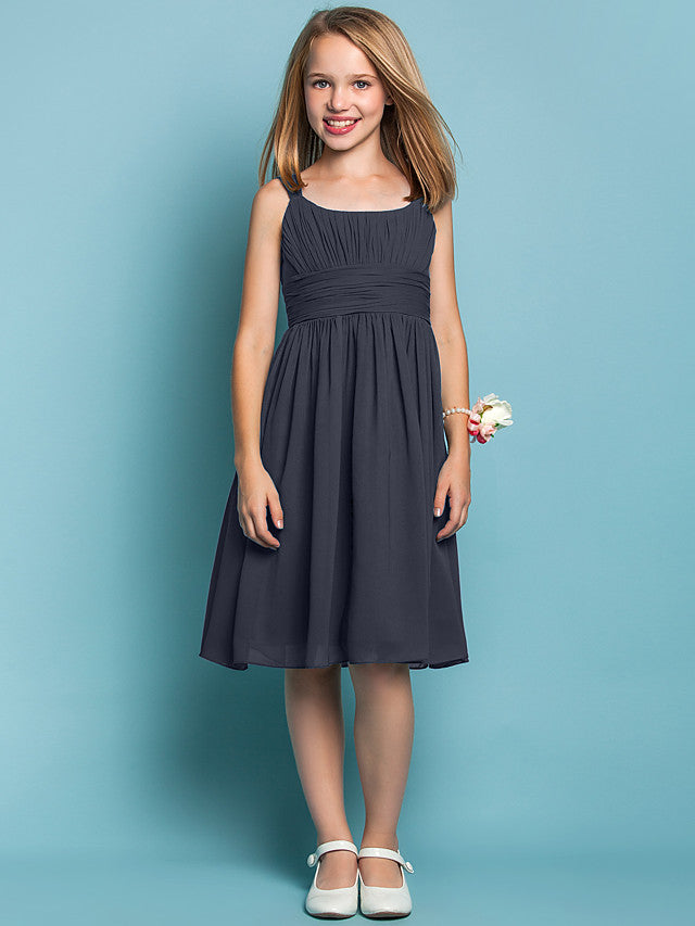 Elegant Knee-Length Chiffon Flower Girl Dress with Sheath Column Straps and Ruched Draping-BallBride