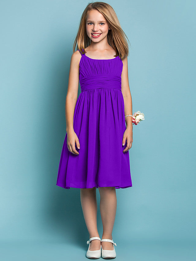 Elegant Knee-Length Chiffon Flower Girl Dress with Sheath Column Straps and Ruched Draping-BallBride