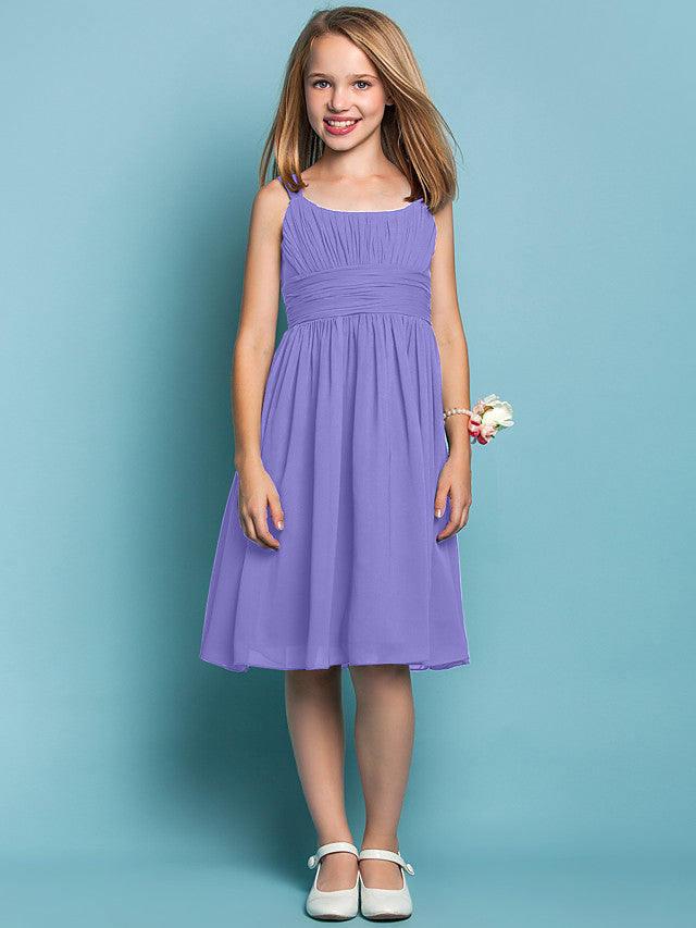 Elegant Knee-Length Chiffon Flower Girl Dress with Sheath Column Straps and Ruched Draping-BallBride