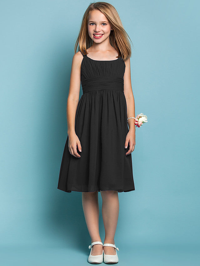 Elegant Knee-Length Chiffon Flower Girl Dress with Sheath Column Straps and Ruched Draping-BallBride