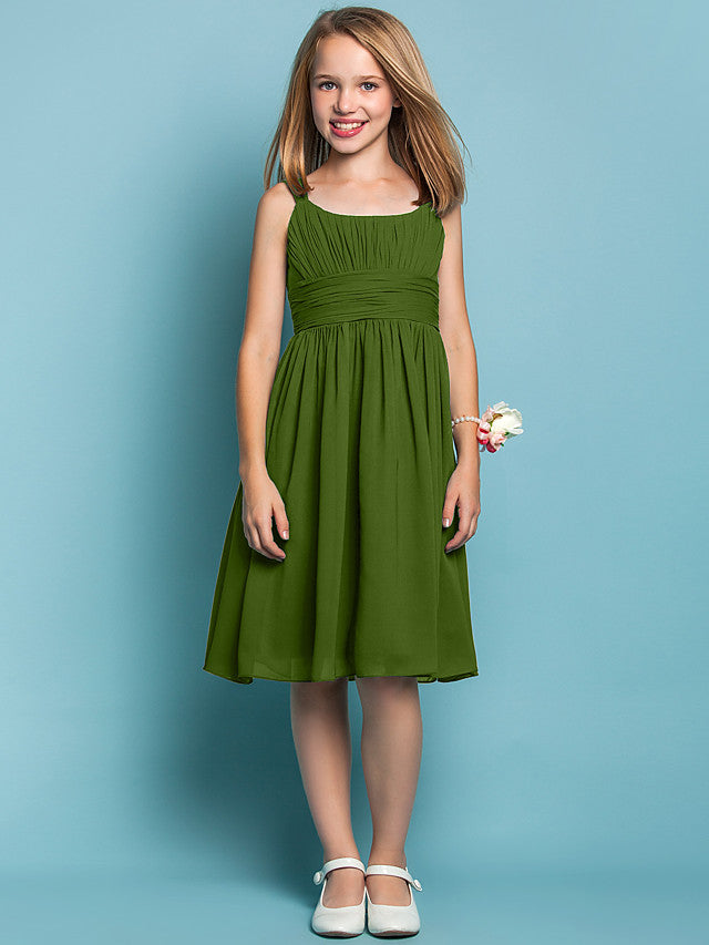 Elegant Knee-Length Chiffon Flower Girl Dress with Sheath Column Straps and Ruched Draping-BallBride