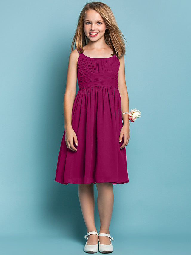 Elegant Knee-Length Chiffon Flower Girl Dress with Sheath Column Straps and Ruched Draping-BallBride