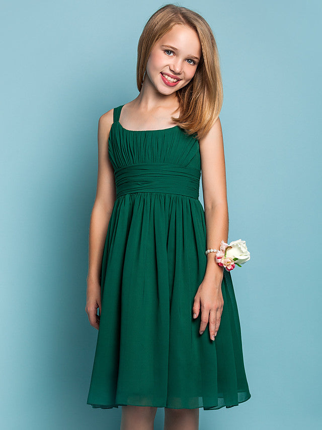 Elegant Knee-Length Chiffon Flower Girl Dress with Sheath Column Straps and Ruched Draping-BallBride