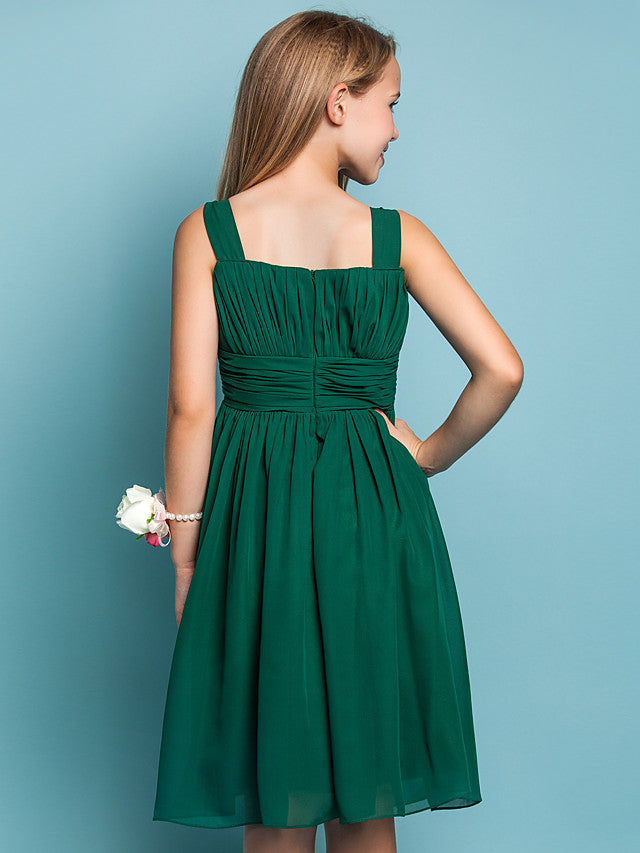 Elegant Knee-Length Chiffon Flower Girl Dress with Sheath Column Straps and Ruched Draping-BallBride