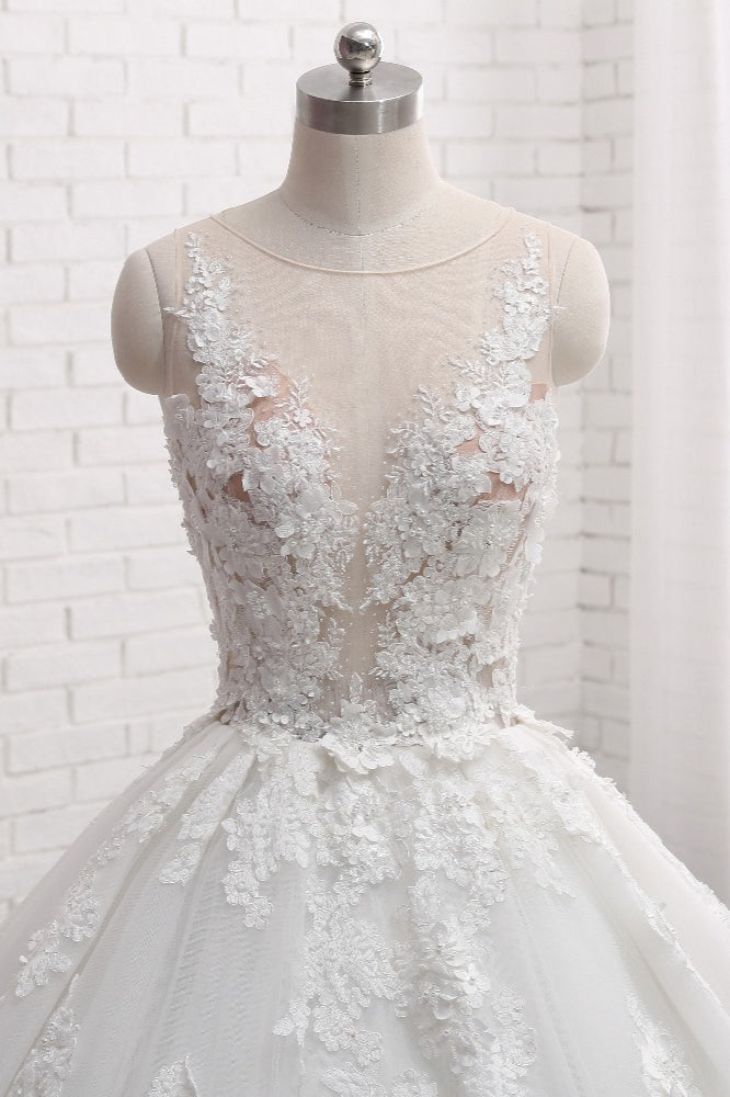 Elegant Lace Applique Sleeveless Long Wedding Dress-BallBride