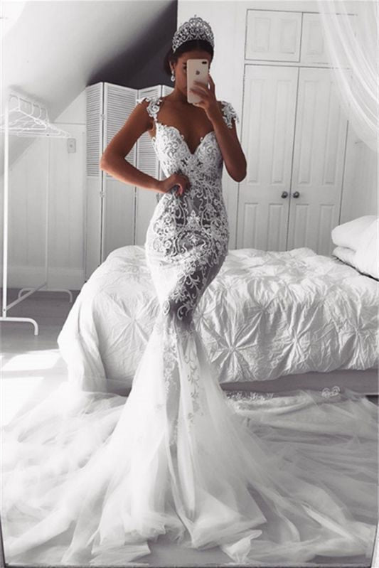 Elegant Lace Appliques Mermaid Wedding Dress with Cap Sleeves and Zipper Button Back-BallBride
